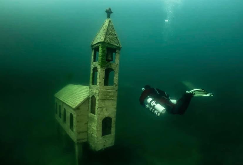 The church in Sterling Valley, submerged beneath the reservoir waters. The church basement is believed to hold the 'community vault.'